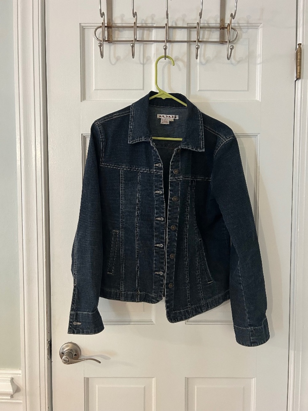 A.M.I. Dark Wash Denim Jacket Fitted Button Front Long Sleeve